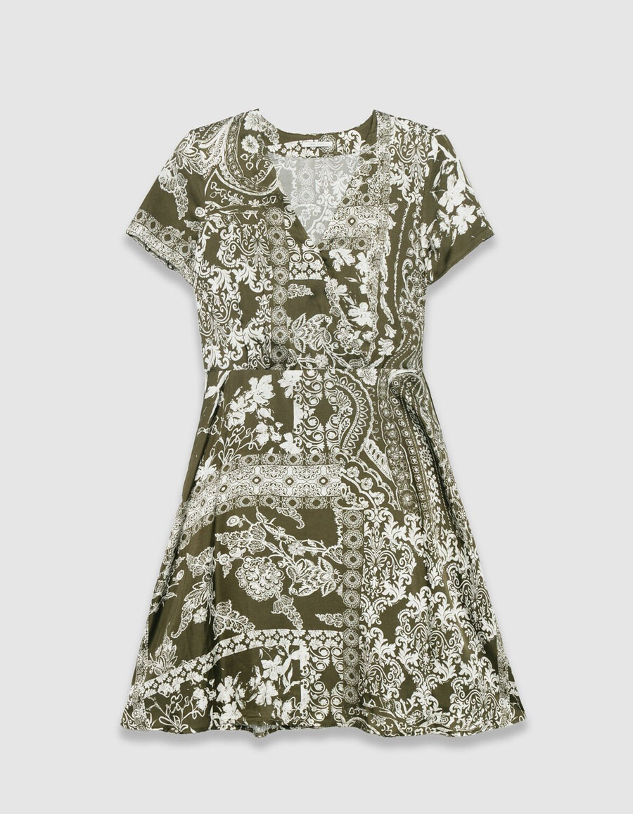 damenkleid in khaki mit fließendem schnitt und schalmuster