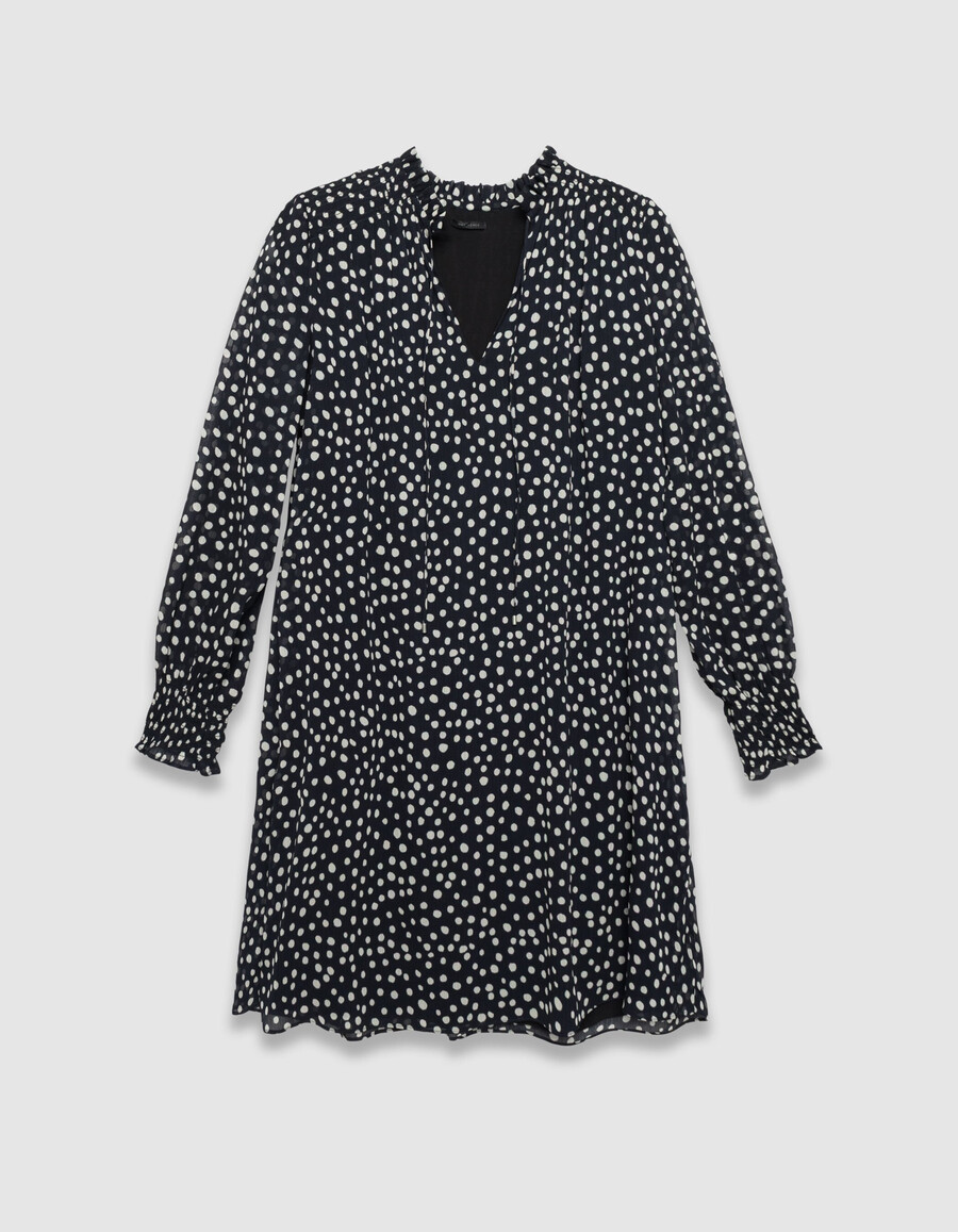 kurzes damenkleid mit marineblauem polka-dot-muster