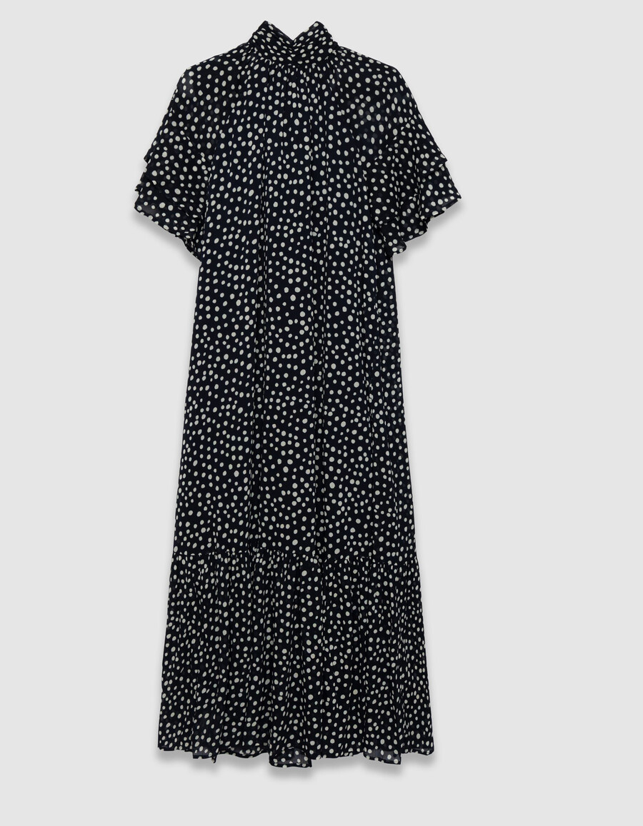 langes damenkleid in marineblau mit polka-dot-muster und drapiertem kragen