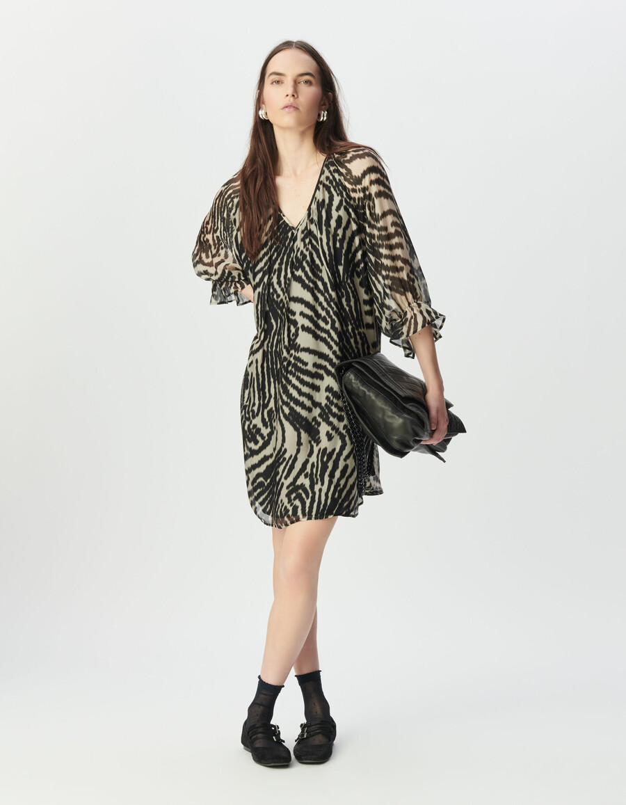schwarzes kurzes voile-kleid für damen mit zebramuster