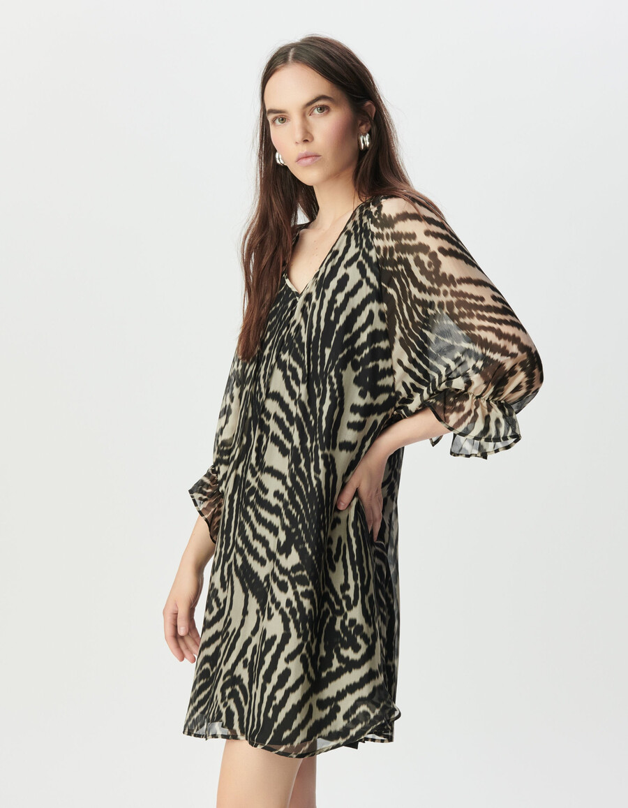 schwarzes kurzes voile-kleid für damen mit zebramuster
