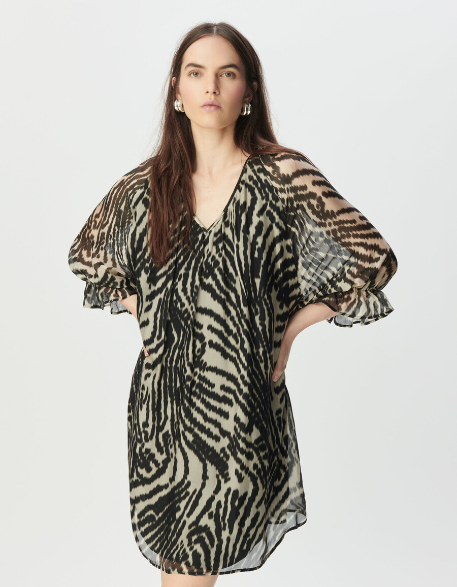 schwarzes kurzes voile-kleid für damen mit zebramuster