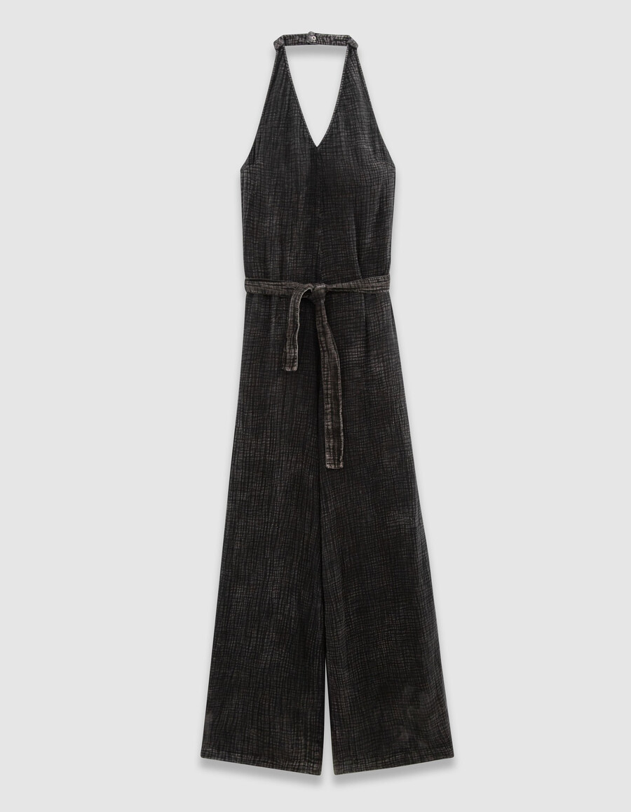 grauer damen-jumpsuit aus bio-baumwolle mit offenem rücken und gürtel