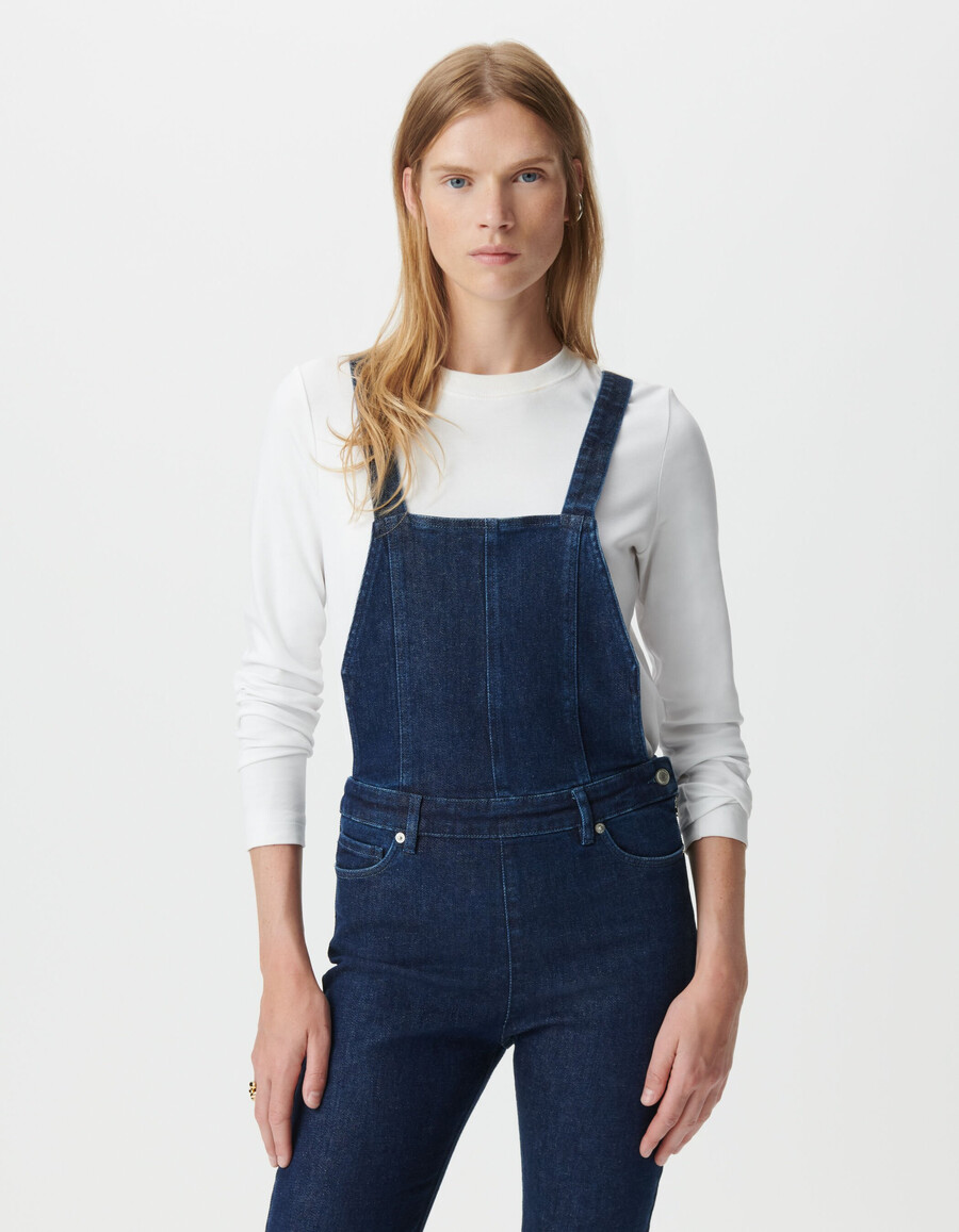 damen-latzhose aus blauem denim mit bootcut-schnitt