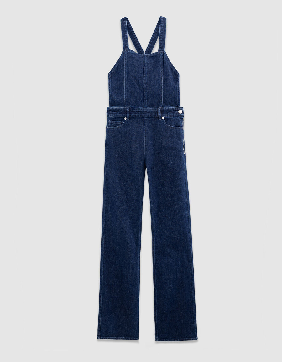 damen-latzhose aus blauem denim mit bootcut-schnitt