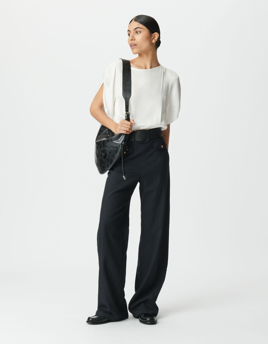 damen-jumpsuit aus marineblauem stoffmix mit weißem oberteil