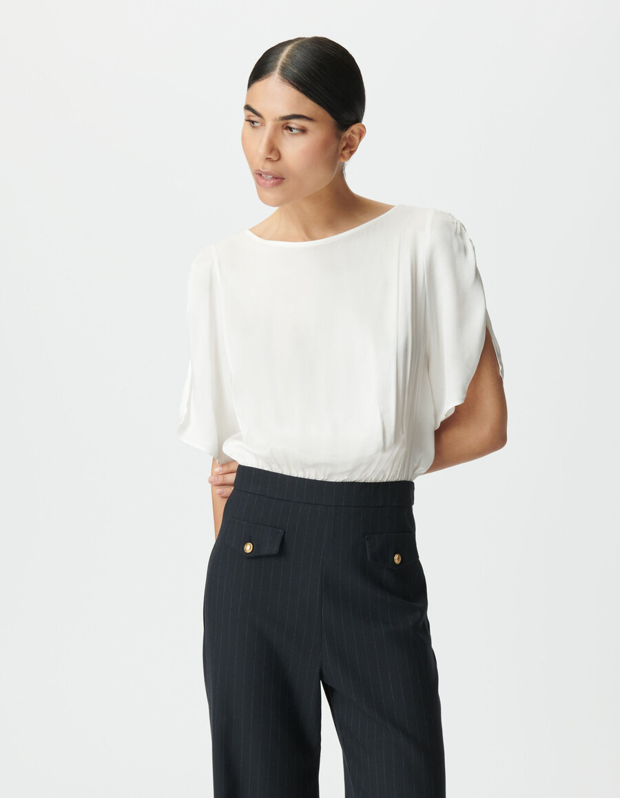damen-jumpsuit aus marineblauem stoffmix mit weißem oberteil