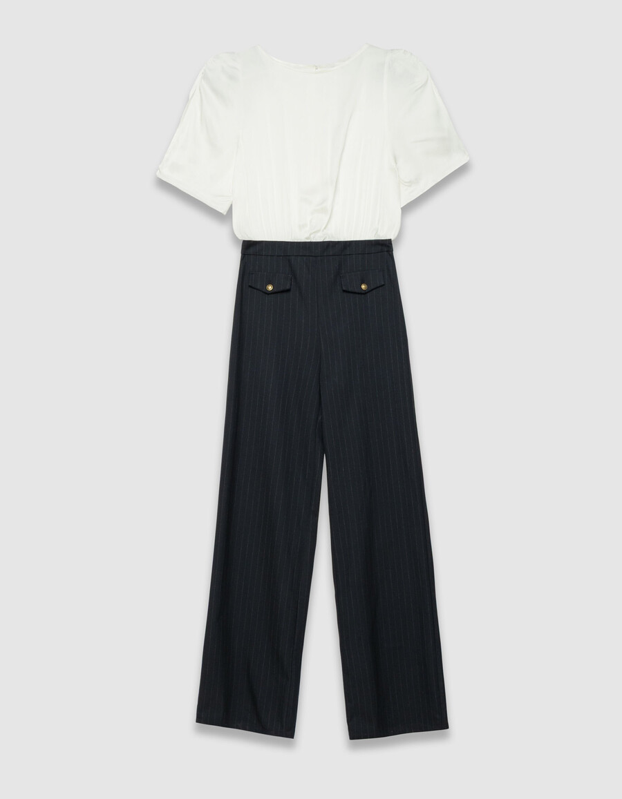 damen-jumpsuit aus marineblauem stoffmix mit weißem oberteil