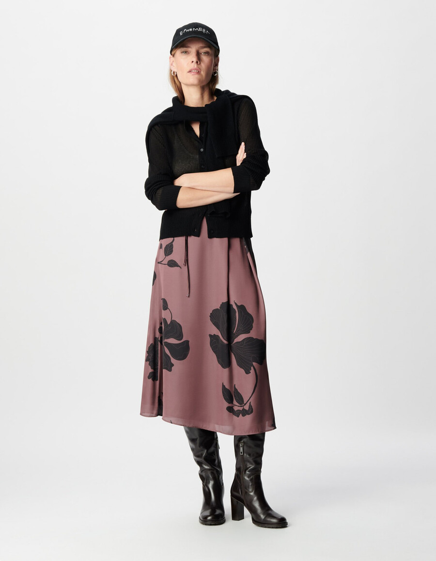 burgunderfarbener maxi-midirock mit blumenmuster für damen