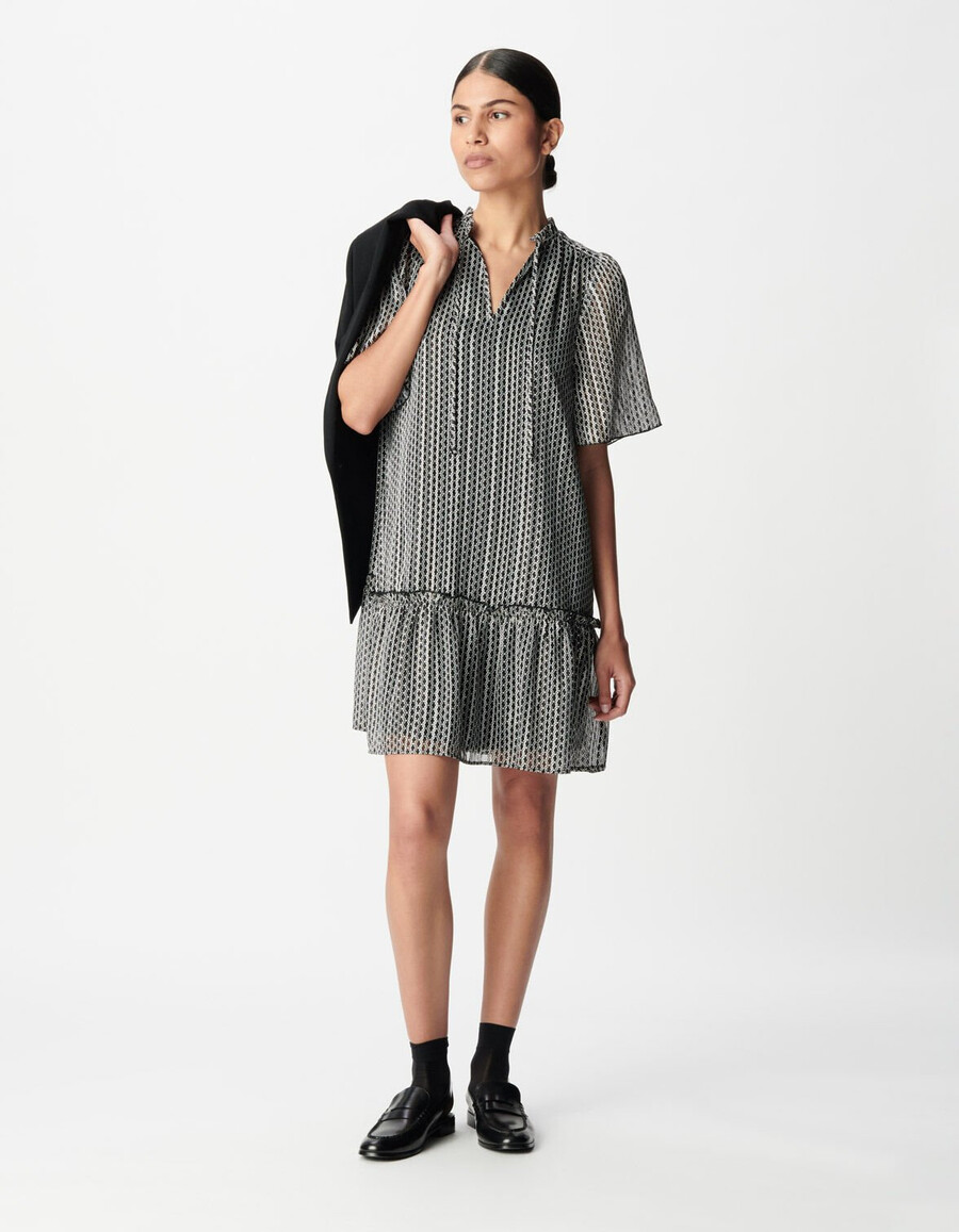 schwarzes kleid für damen mit zweifarbigem grafikprint