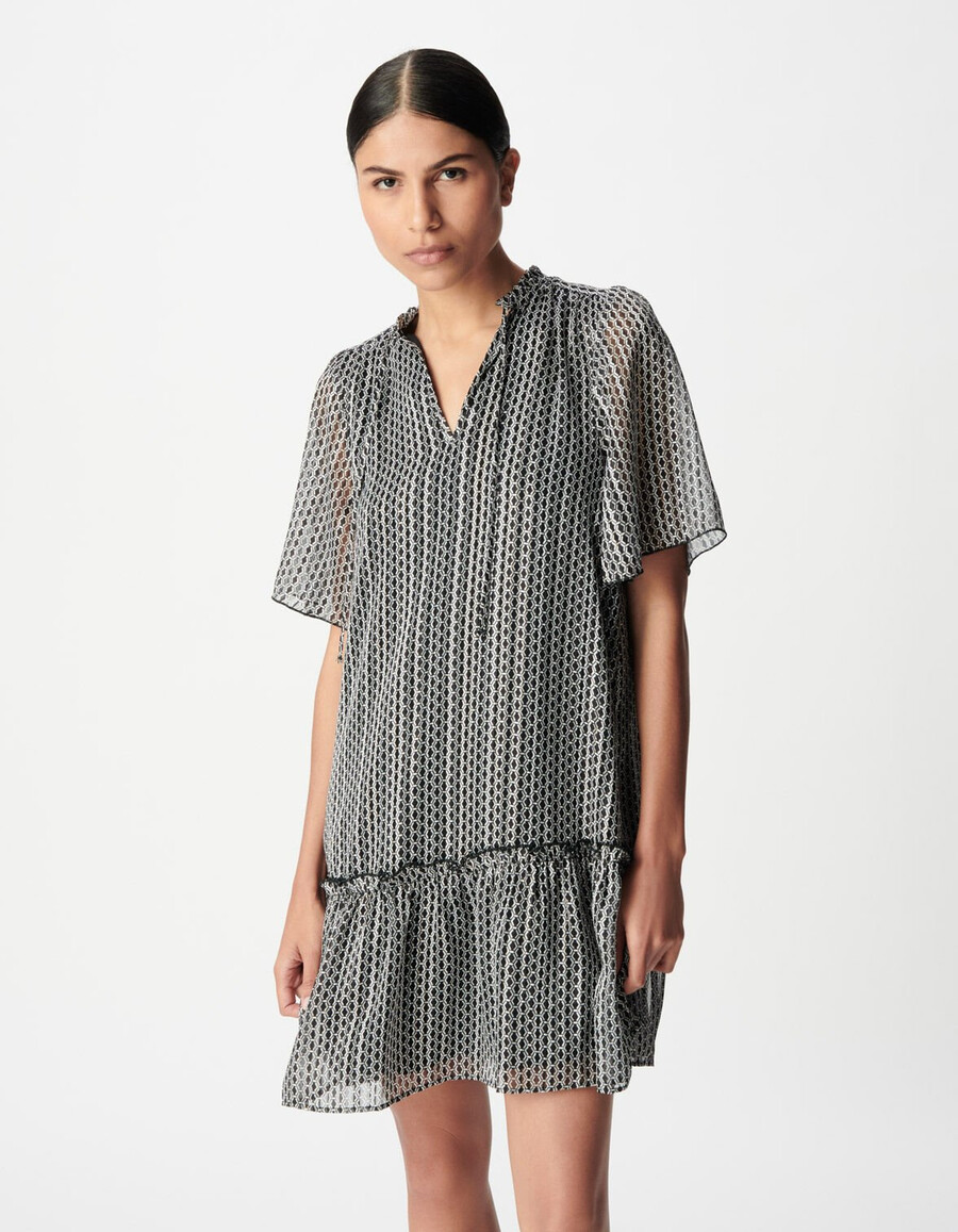 schwarzes kleid für damen mit zweifarbigem grafikprint