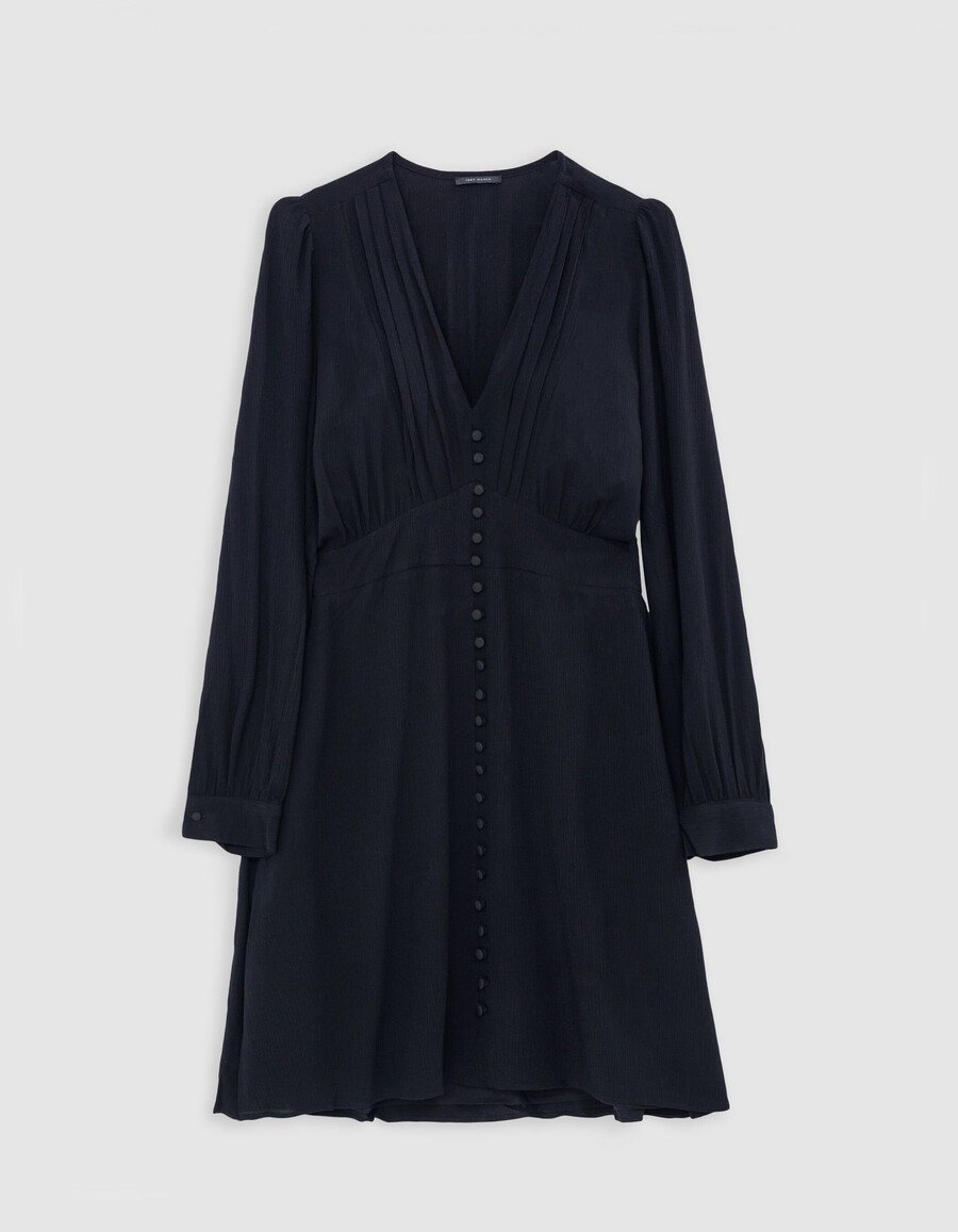 schwarzes damenkleid mit falten und knöpfen