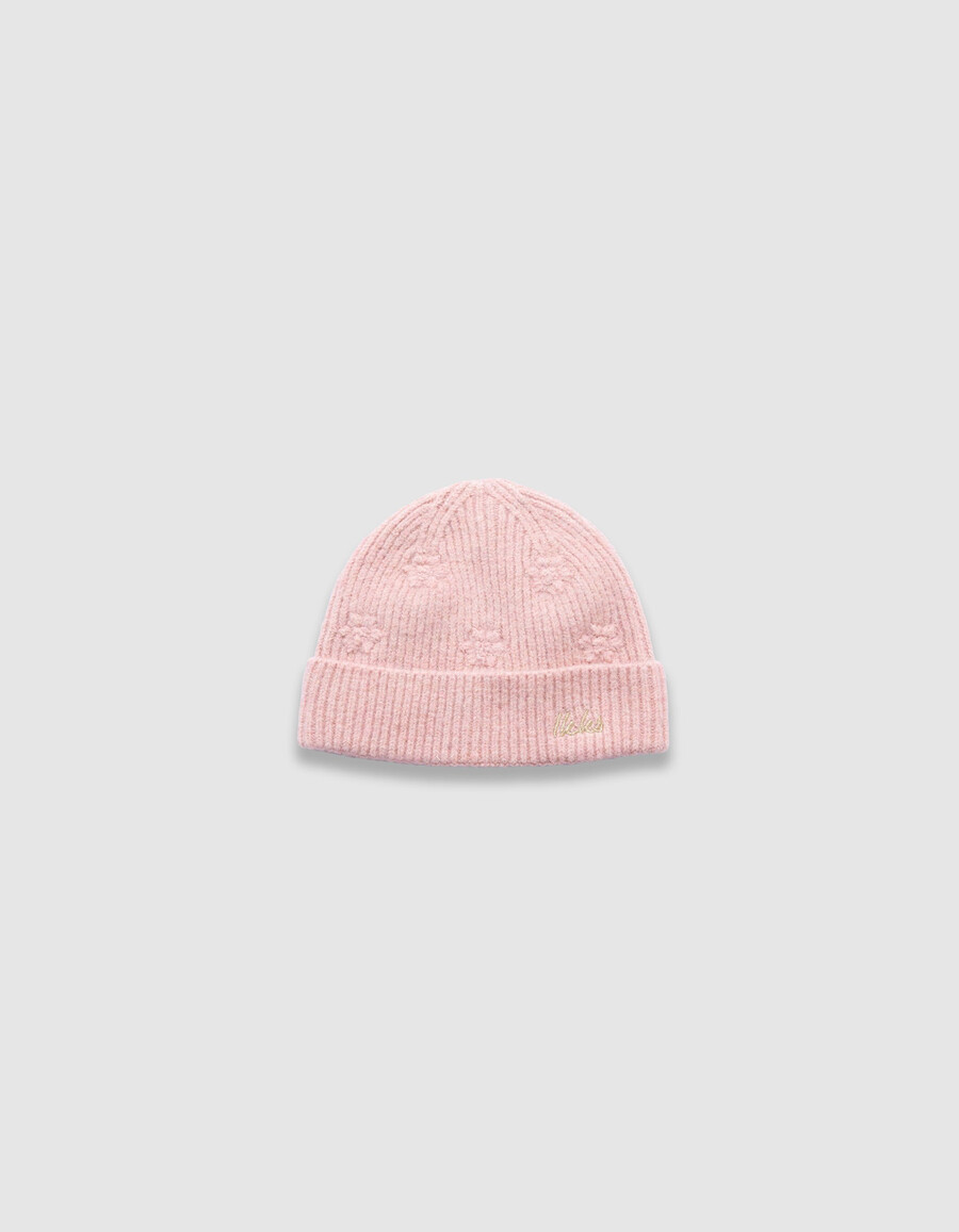 mädchen-strickmütze in rosa mit glitzer und blumenstickerei