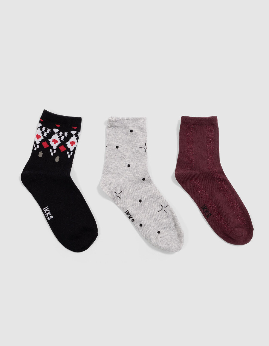 mädchensocken in schwarz burgunderrot und grau