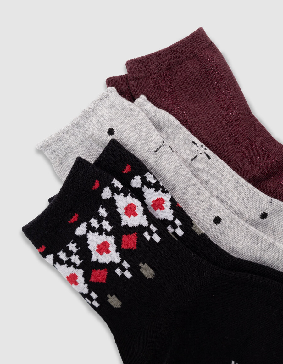mädchensocken in schwarz burgunderrot und grau