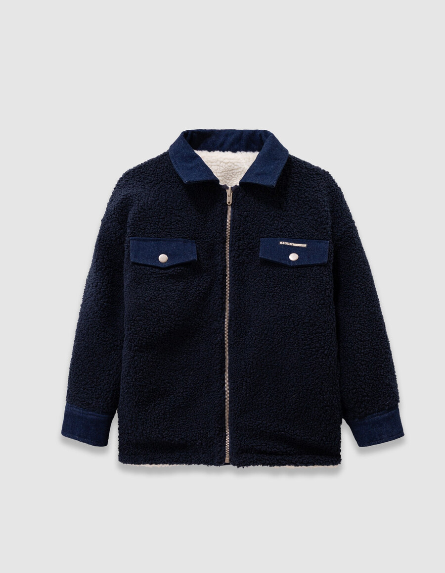 wendbare mädchenjacke aus raw denim und sherpa