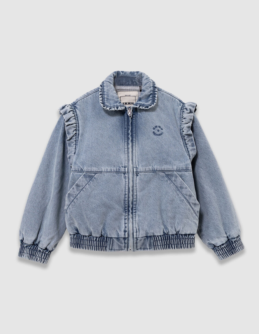 mädchen-jeansjacke in blau mit abnehmbaren ärmeln