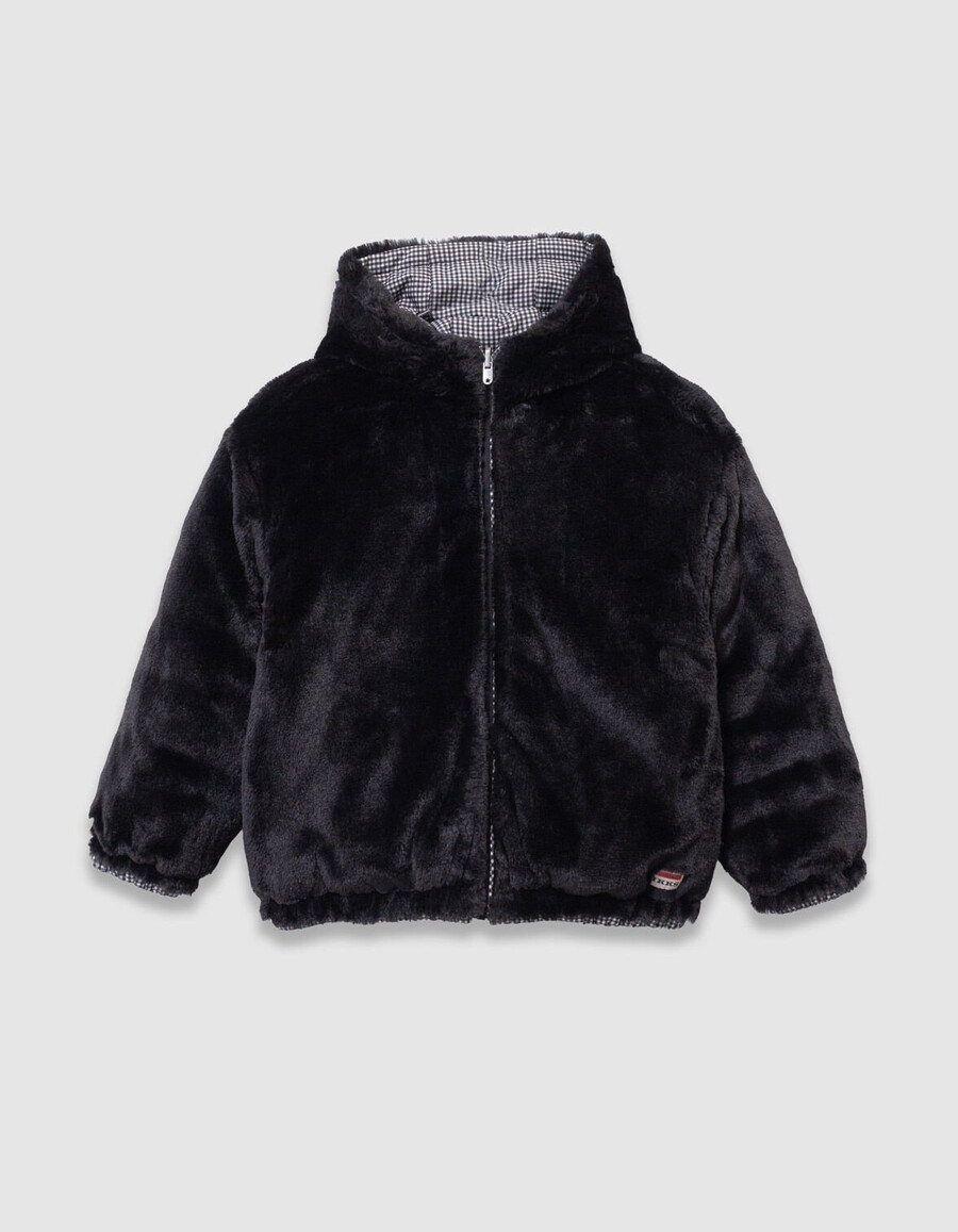 schwarze wendbare steppjacke für mädchen mit hahnentrittmuster und sherpa-futter
