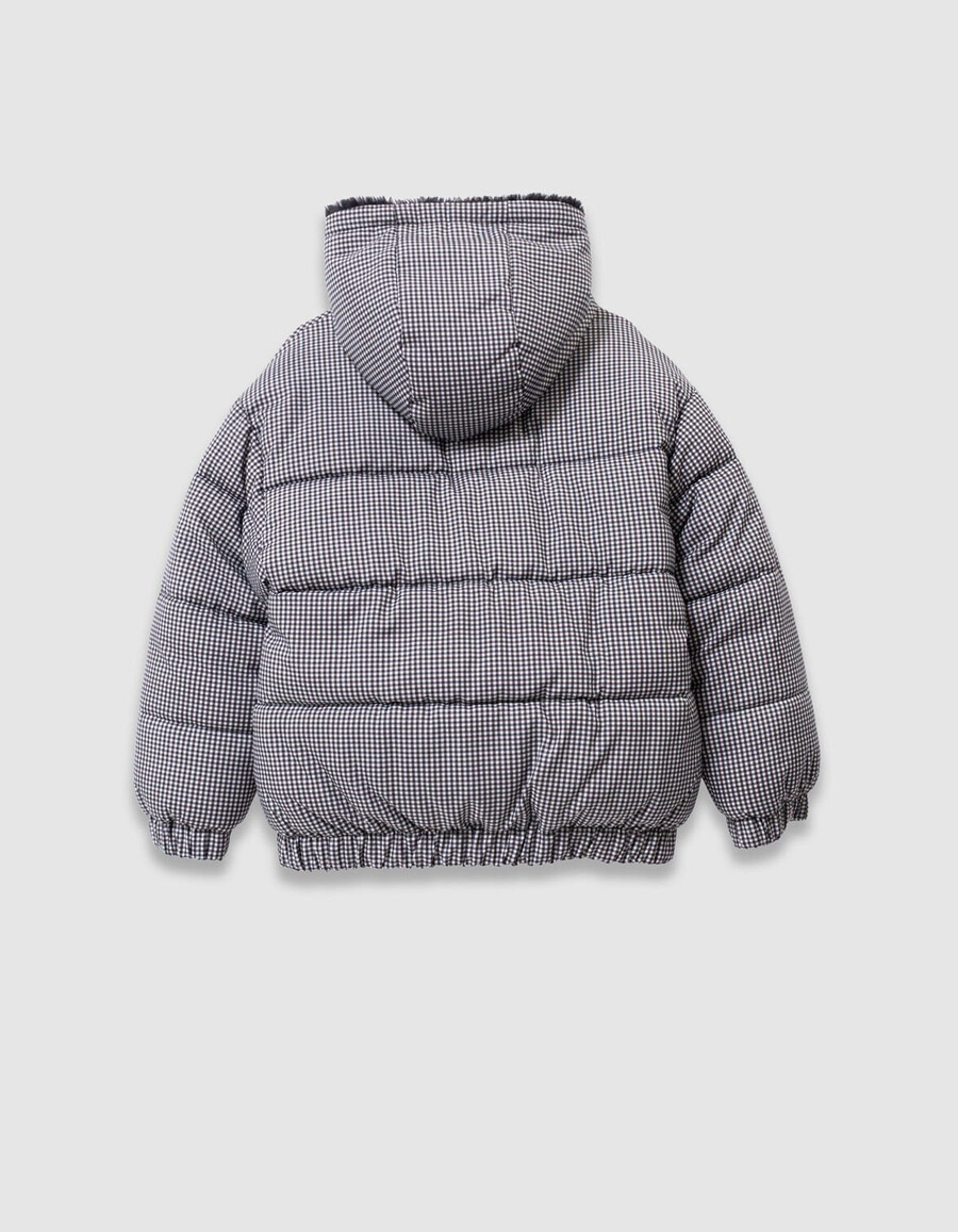 schwarze wendbare steppjacke für mädchen mit hahnentrittmuster und sherpa-futter
