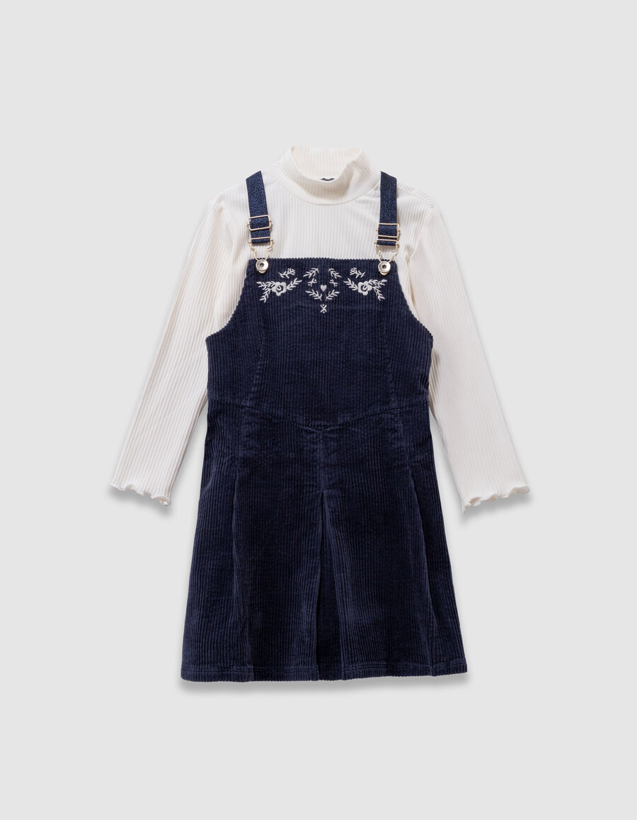 2-in-1-set aus marineblauem samtkleid und weißem t-shirt für mädchen