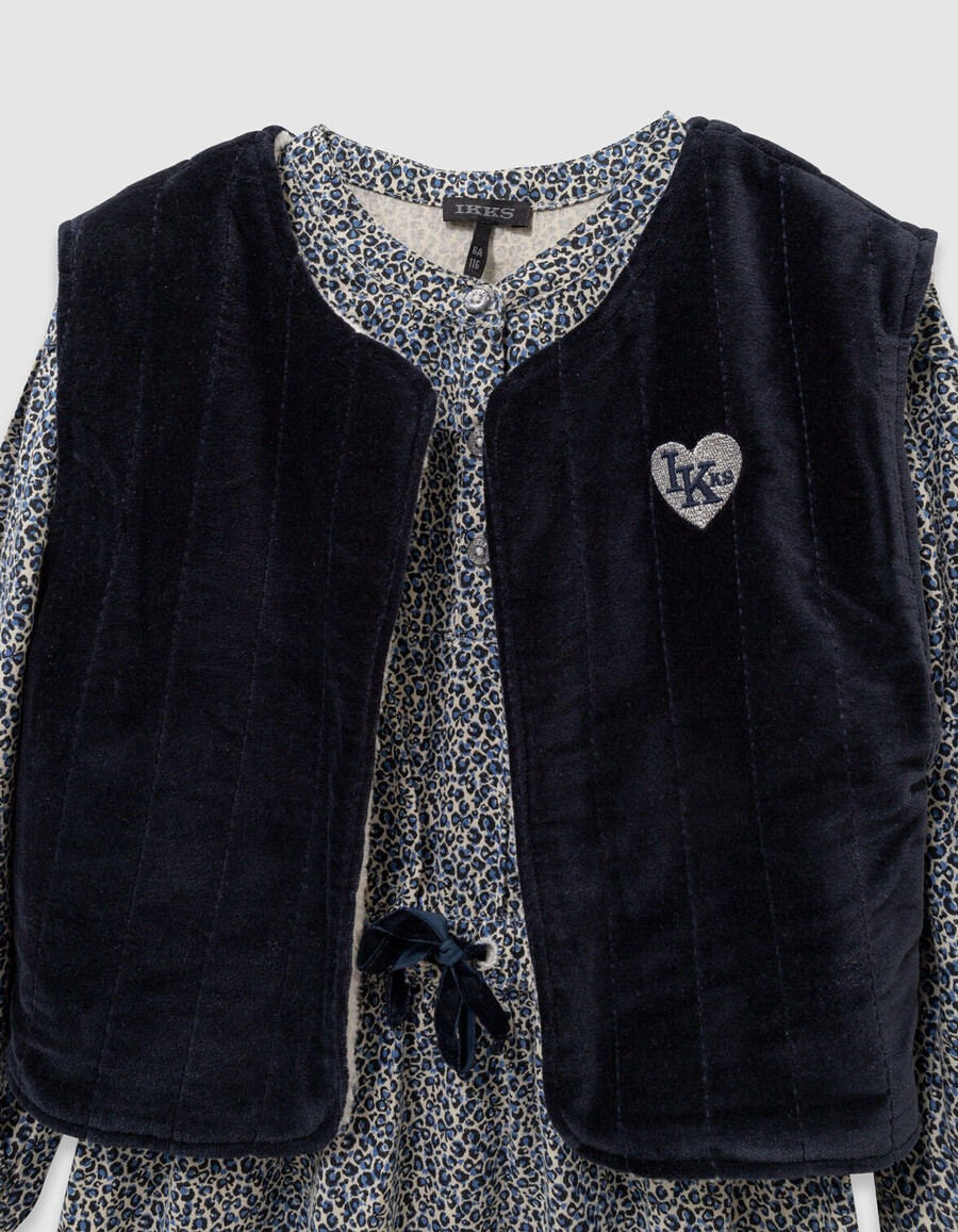 2-in-1-kleid und weste mit leopardenmuster und schleife für mädchen in marineblau