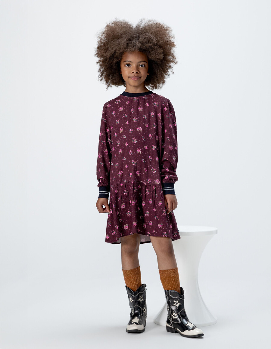 burgunderrotes langarmkleid für mädchen mit blumenmuster