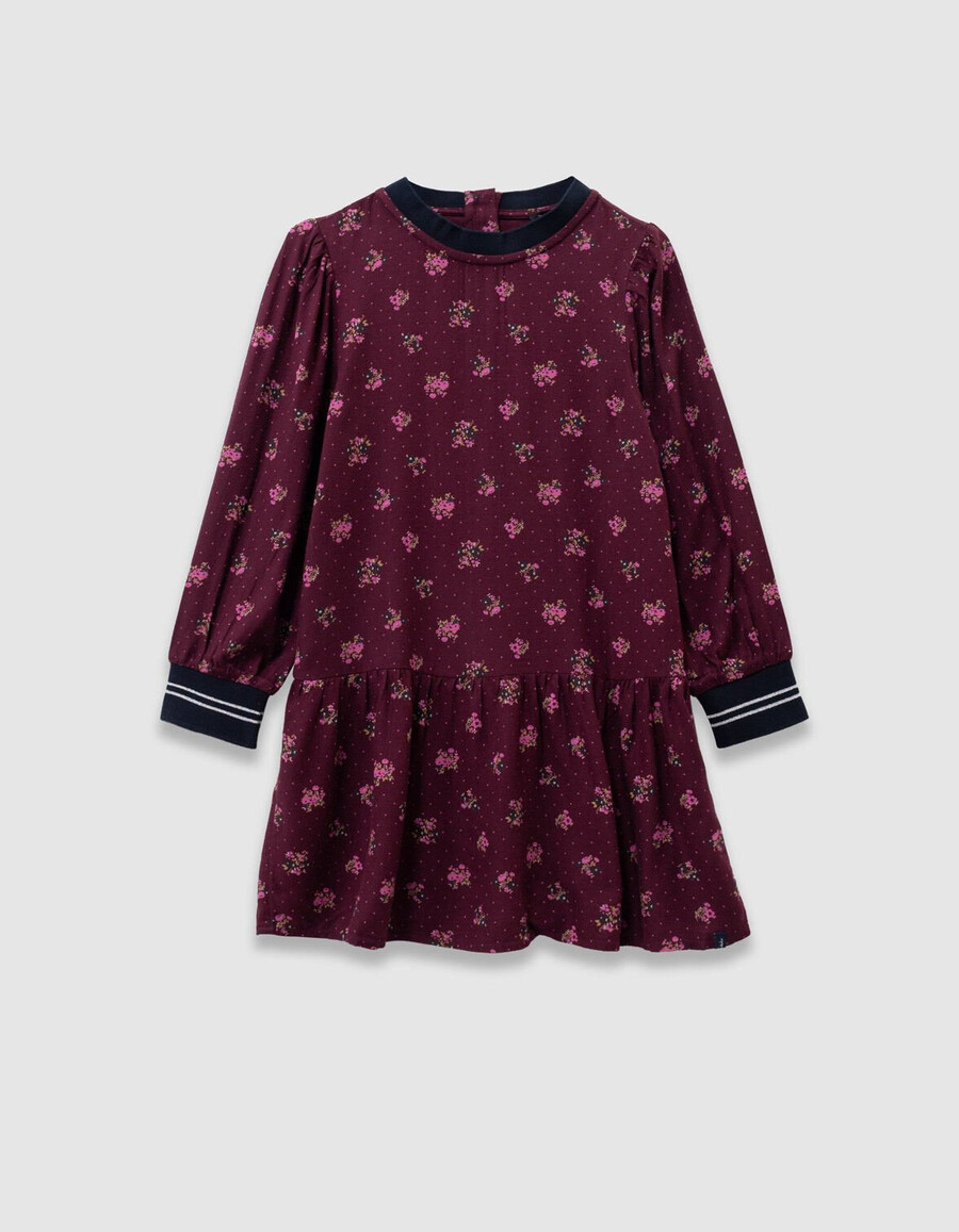burgunderrotes langarmkleid für mädchen mit blumenmuster