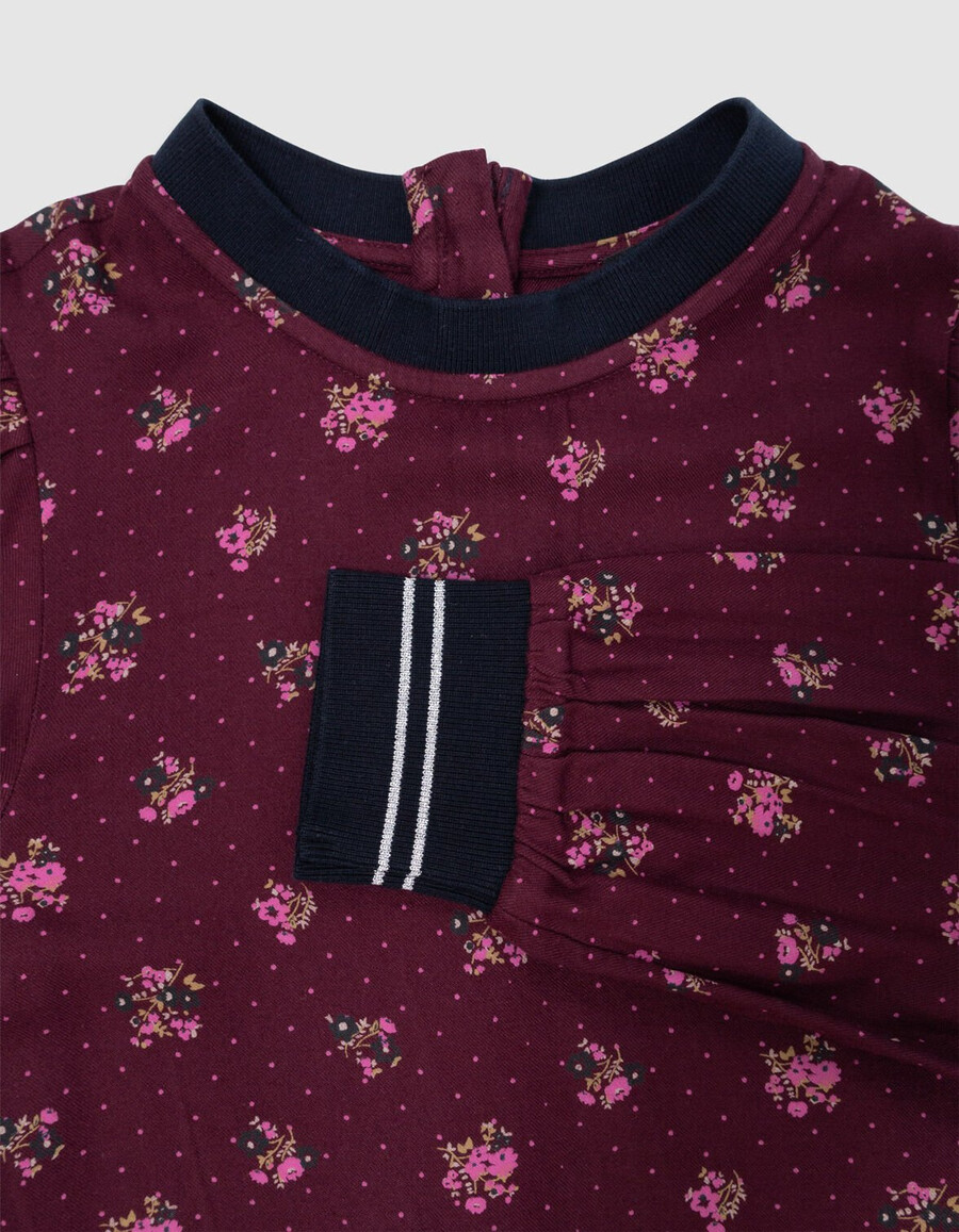 burgunderrotes langarmkleid für mädchen mit blumenmuster