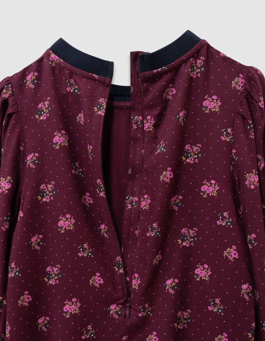 burgunderrotes langarmkleid für mädchen mit blumenmuster