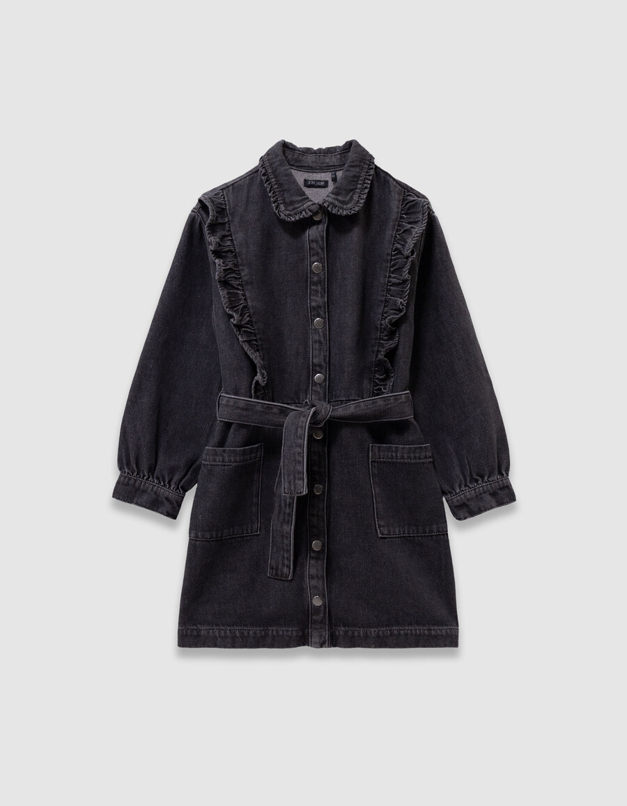 graues jeanskleid für mädchen mit gürtel und rüschendetails