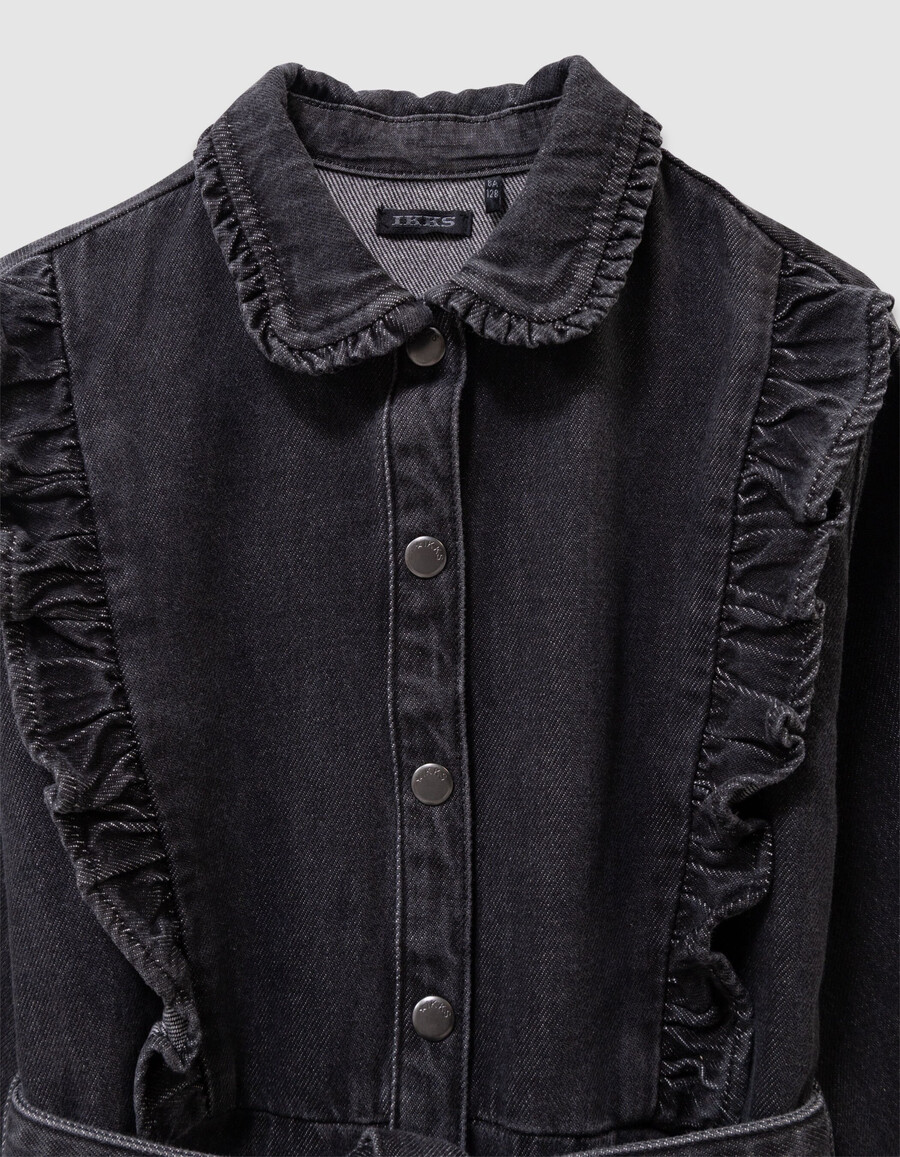 graues jeanskleid für mädchen mit gürtel und rüschendetails