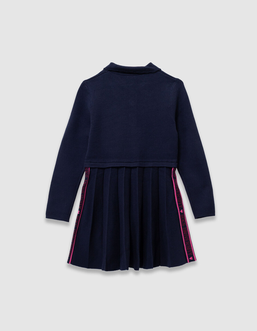 mädchen-strickkleid in marineblau mit falten und langen ärmeln