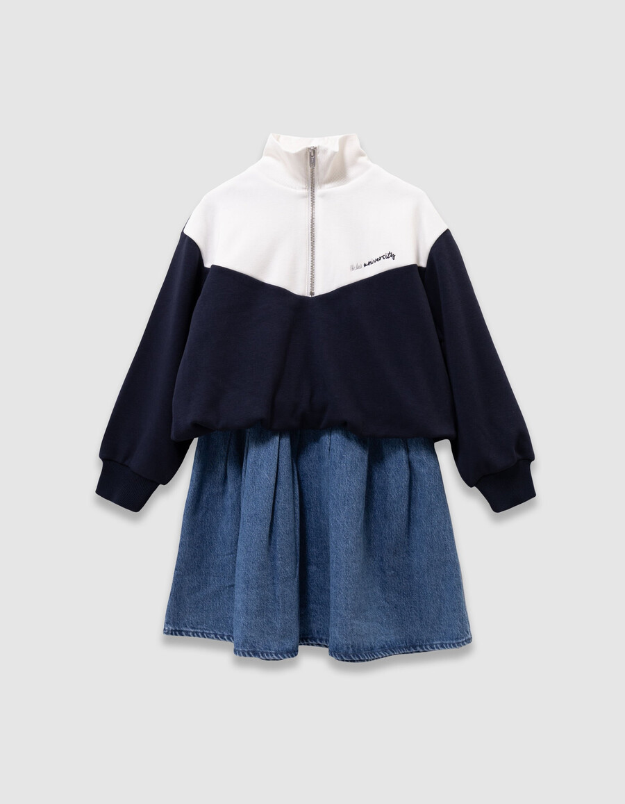 2-in-1-jeanskleid und sweatshirt mit reißverschlusskragen für mädchen