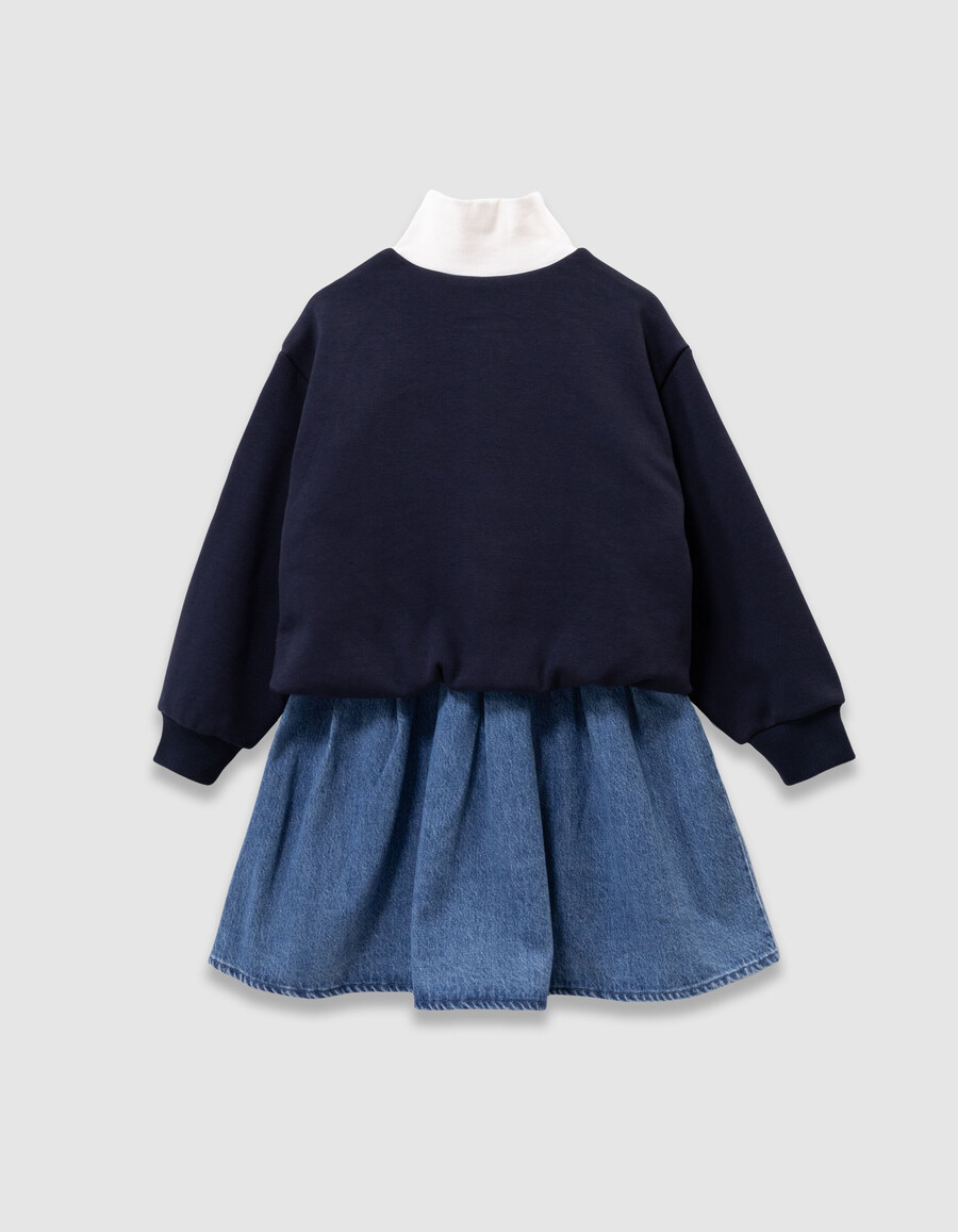 2-in-1-jeanskleid und sweatshirt mit reißverschlusskragen für mädchen