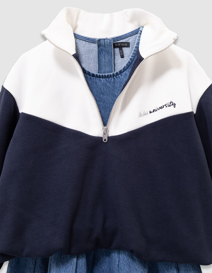 2-in-1-jeanskleid und sweatshirt mit reißverschlusskragen für mädchen