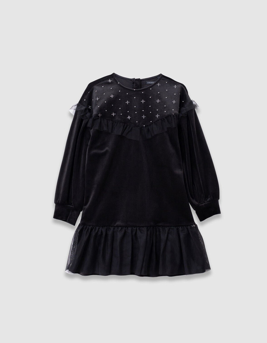 schwarzes besticktes samtkleid für mädchen mit tüllrüschen