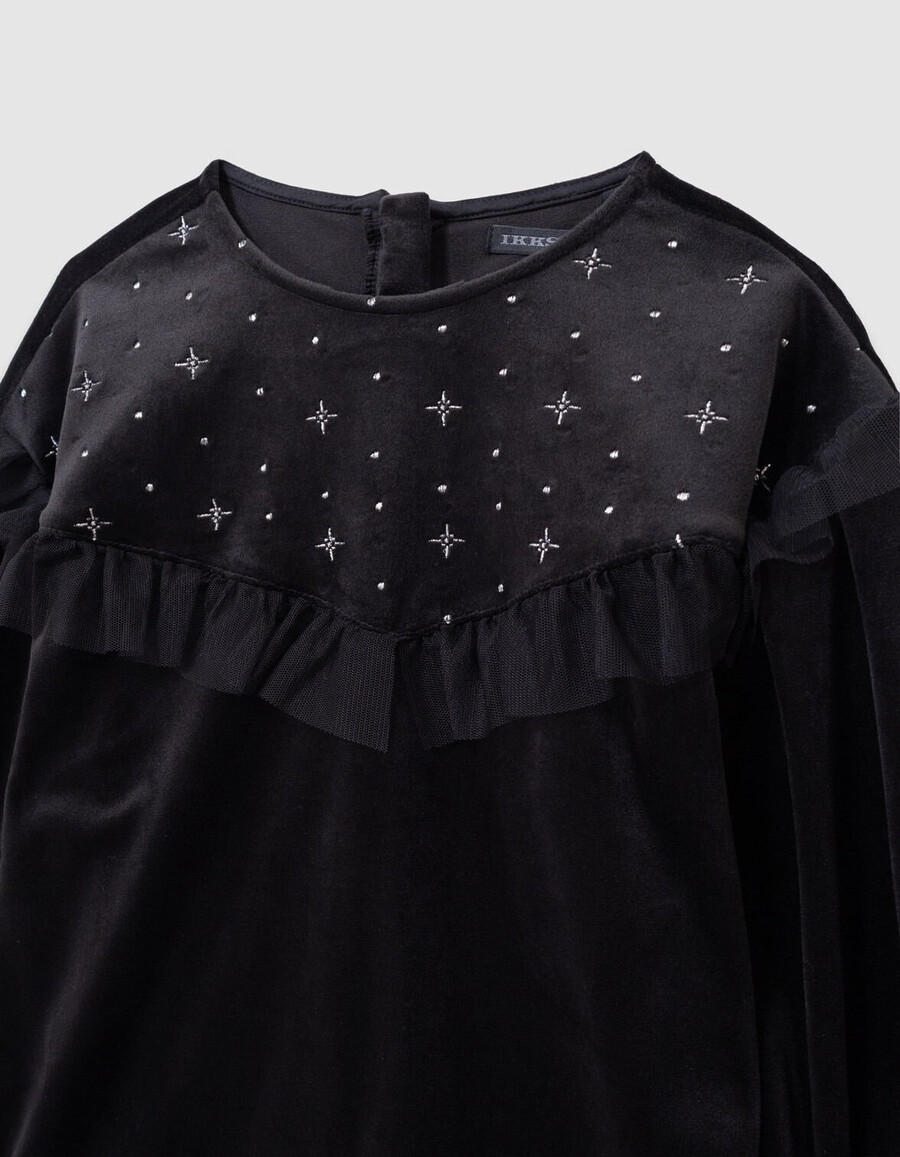 schwarzes besticktes samtkleid für mädchen mit tüllrüschen