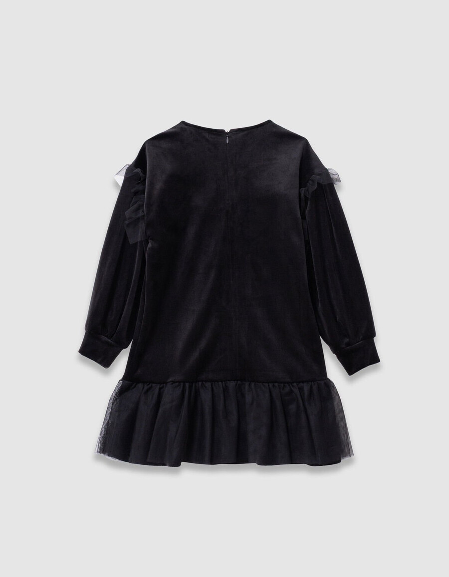 schwarzes besticktes samtkleid für mädchen mit tüllrüschen