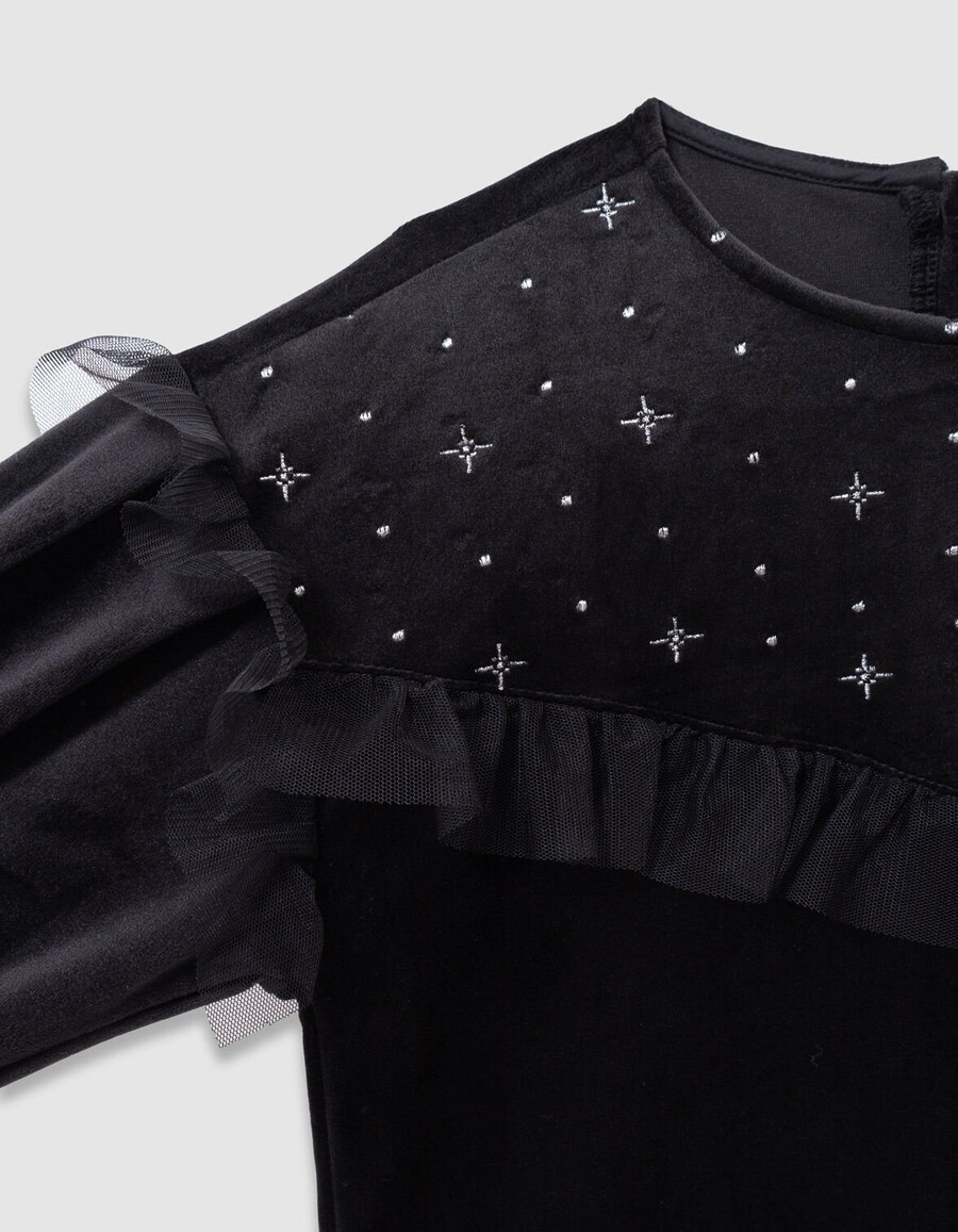 schwarzes besticktes samtkleid für mädchen mit tüllrüschen