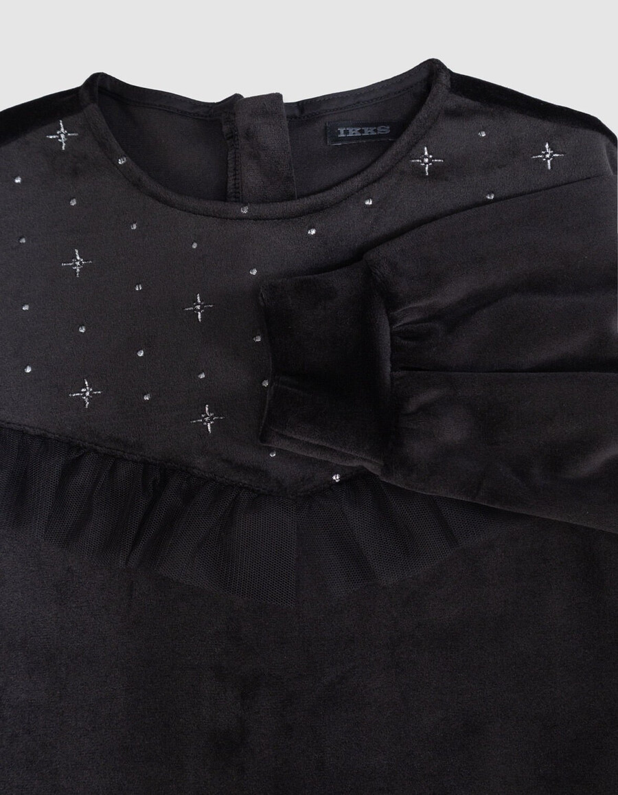 schwarzes besticktes samtkleid für mädchen mit tüllrüschen