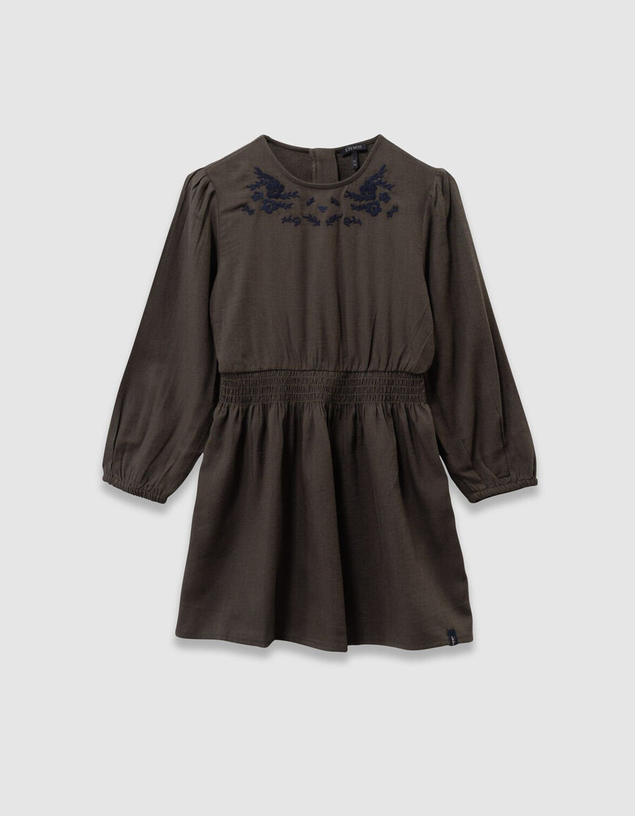 mädchenkleid in khaki mit marineblauer blumenstickerei
