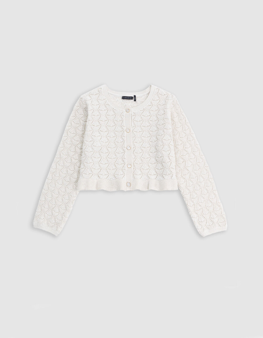 champagnerfarbene strickjacke mit durchbrochenem lurex-muster für mädchen