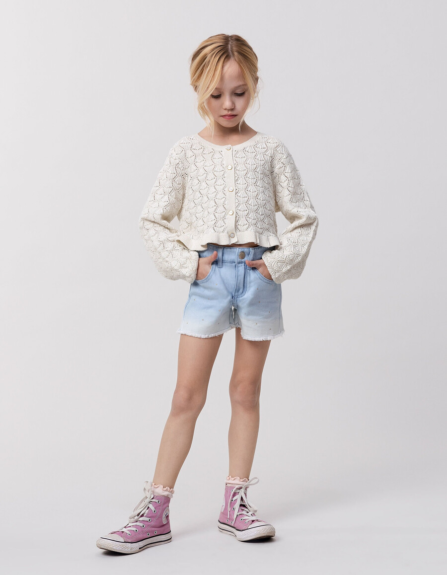 champagnerfarbene strickjacke mit durchbrochenem lurex-muster für mädchen