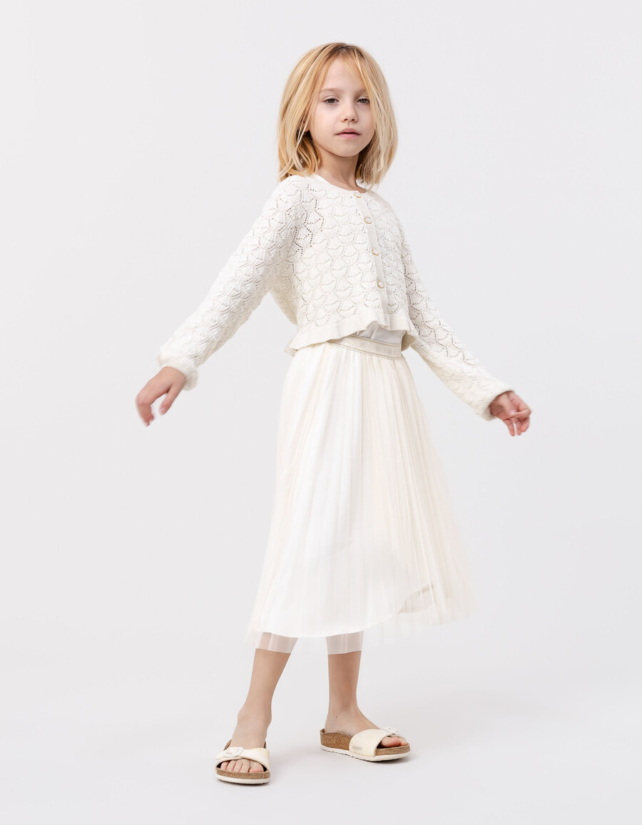 champagnerfarbene strickjacke mit durchbrochenem lurex-muster für mädchen