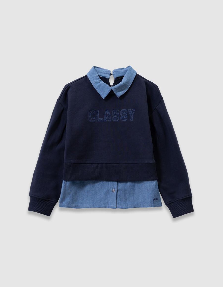 mädchen-sweatshirt mit trompe-lœil-muster in marineblau