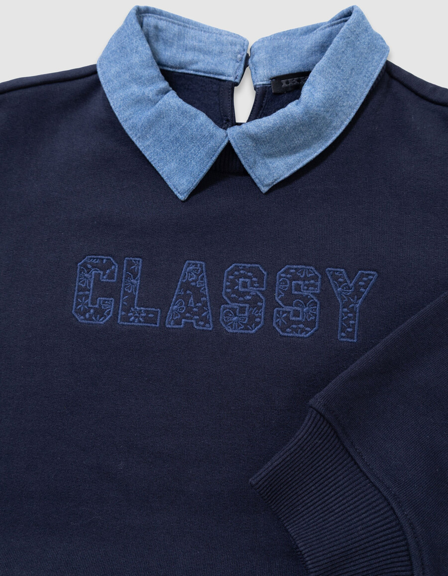mädchen-sweatshirt mit trompe-lœil-muster in marineblau