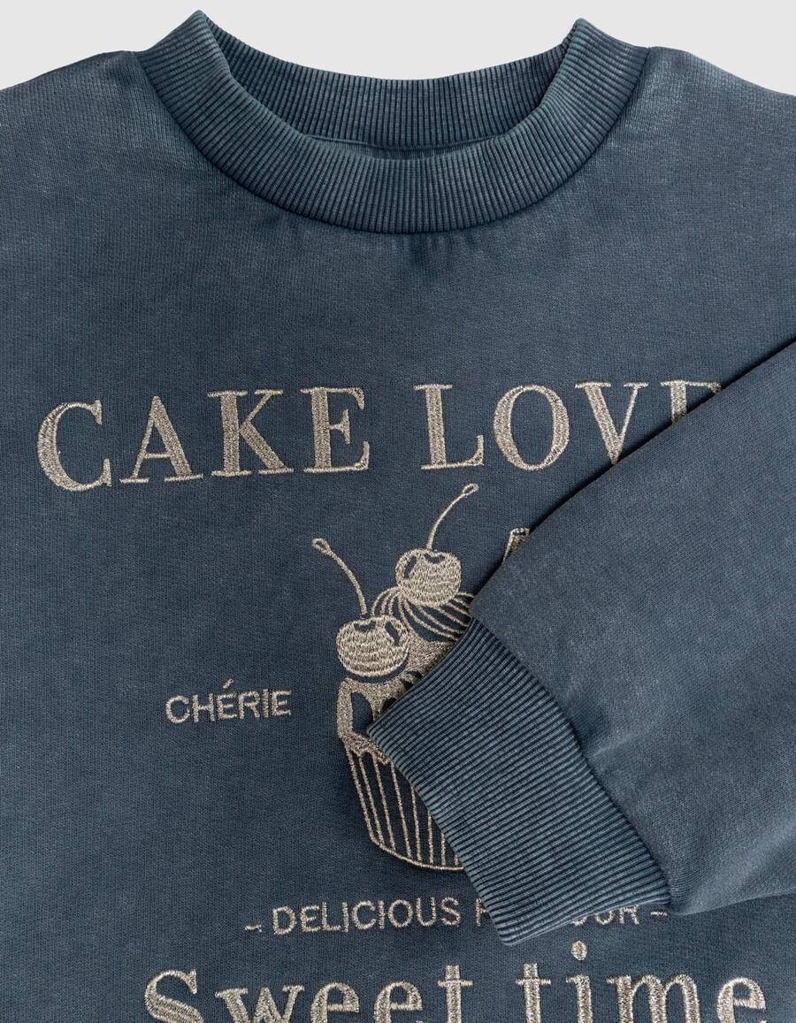 mädchen-sweatshirt aus blauer bio-baumwolle goldene stickerei größe xl