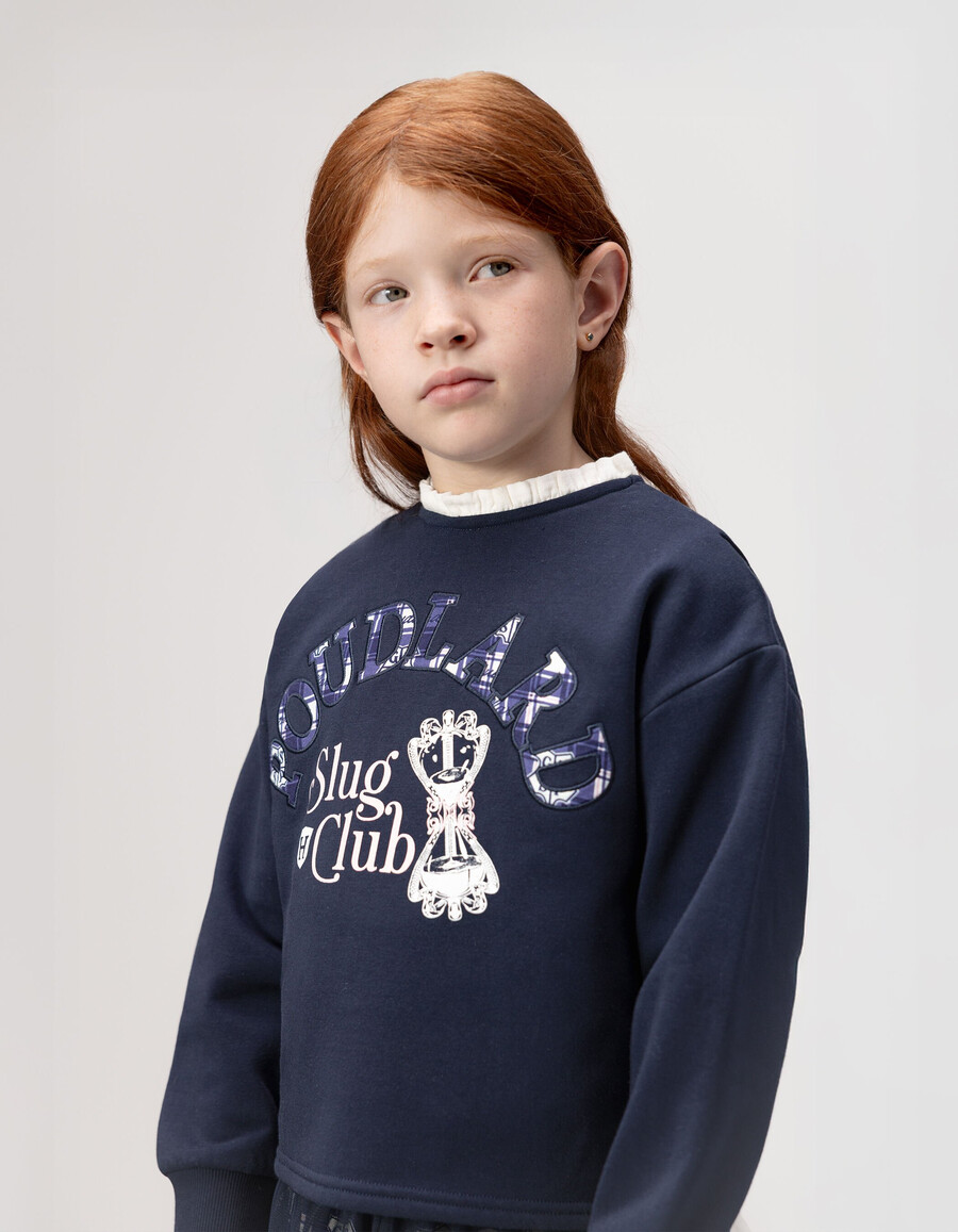 mädchen-sweatshirt in marineblau harry-potter-slogan rüschenkragen