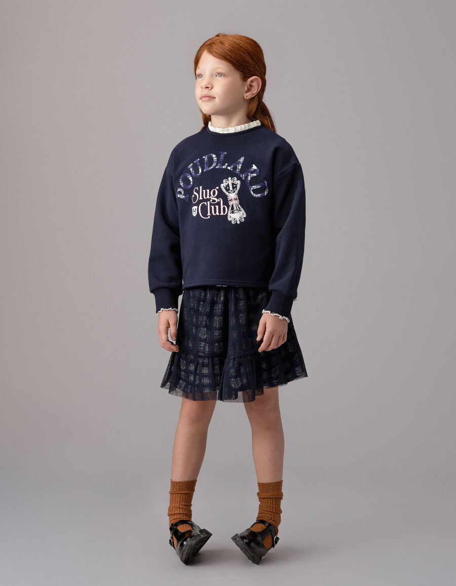 mädchen-sweatshirt in marineblau harry-potter-slogan rüschenkragen
