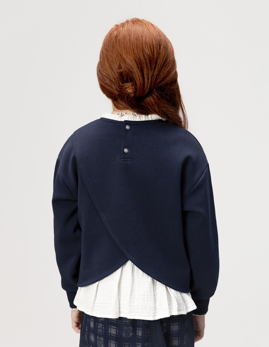 mädchen-sweatshirt in marineblau harry-potter-slogan rüschenkragen